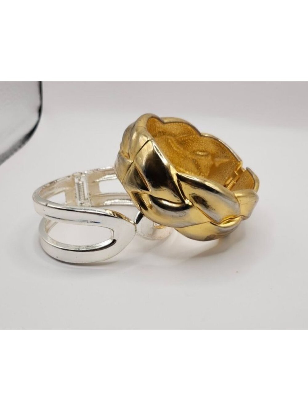 Vintage Silver & Gold Tone Chunky Hinged Clamper Bracelets Set Of 2